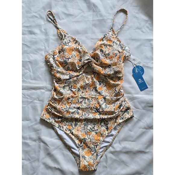 Cupshe Other - NWT Cupshe Floral Cut Out One Piece Swimsuit Ruched Monokini Yellow Gray Large